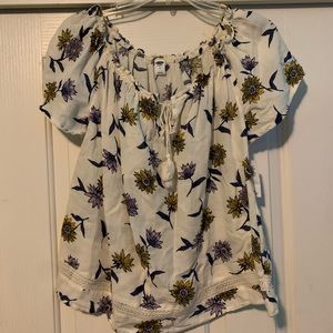 Cream blouse with yellow and purple flowers